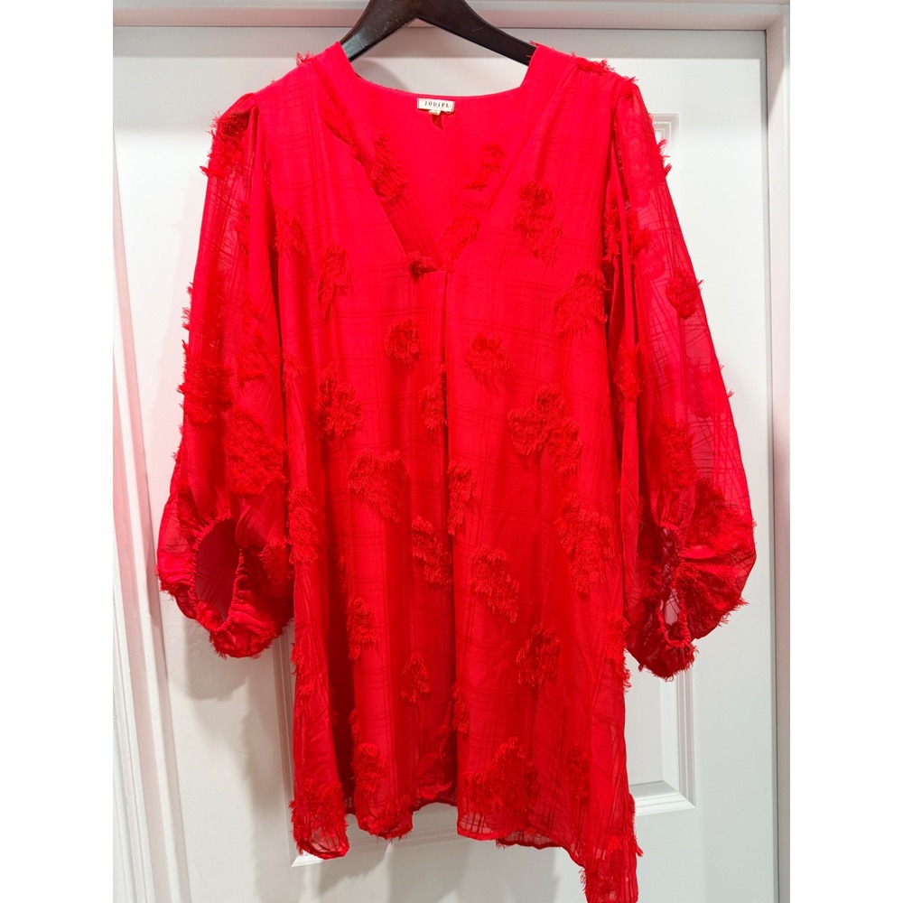 JODIFL Red Textured Fringed V Neck Balloon Sleeve Tunic Top M